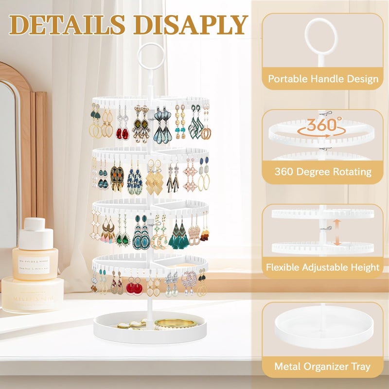 MODOWEY 4 Tier Rotating Earring Holder Organizer Display Tree with Metal Tray, Adjustable Plastic Stand with 228 Slots for Stud Hoop Hanger, Large Capacity Storage Rack for Women Space Saving, White - Image 4